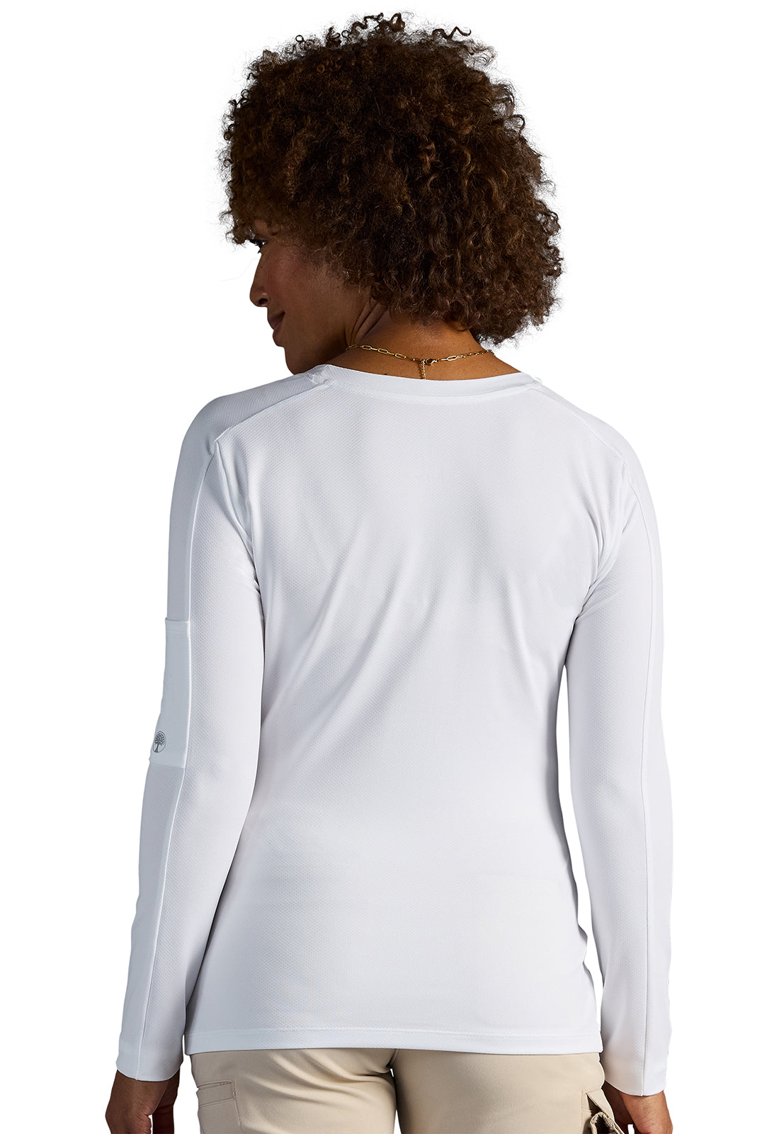 X DR KWANE HH809 Valerie Long Sleeve Scoop Neck Tee Shirt White Model Image Back | Healing Hands