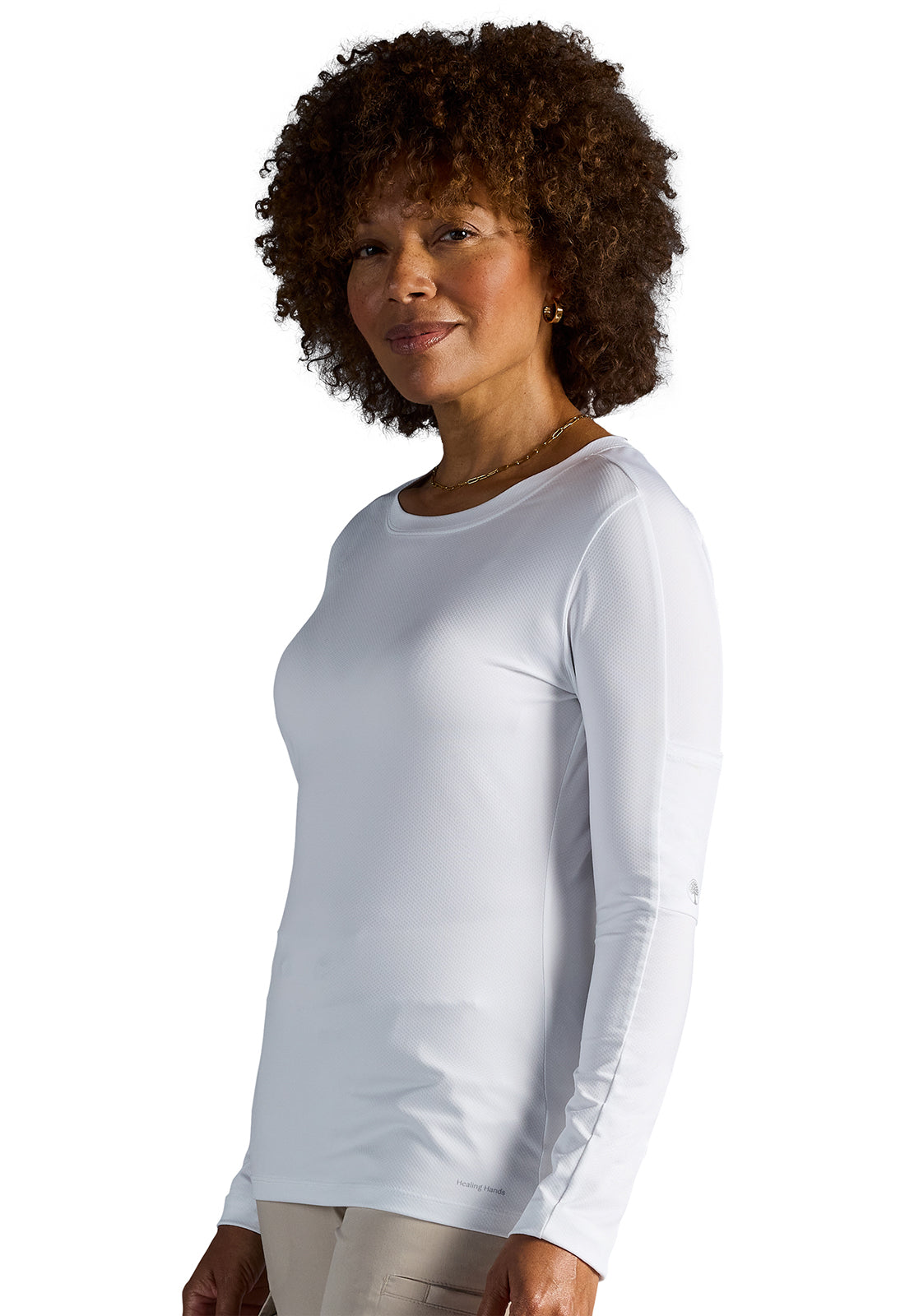 X DR KWANE HH809 Valerie Long Sleeve Scoop Neck Tee Shirt White Model Image Right Side | Healing Hands