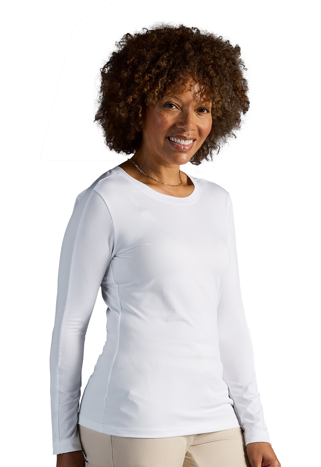 X DR KWANE HH809 Valerie Long Sleeve Scoop Neck Tee Shirt White Model Image Left Side | Healing Hands