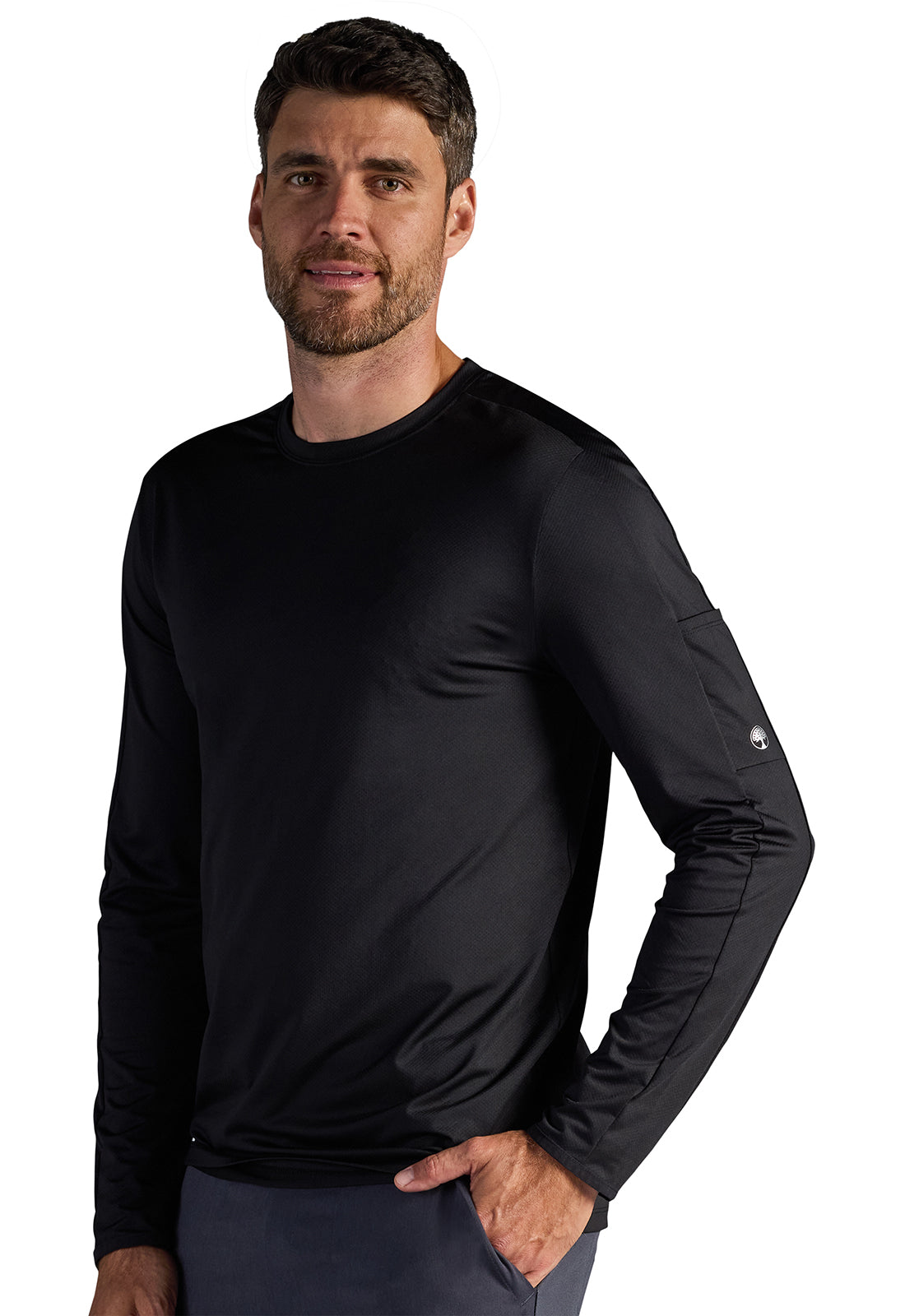 X DR KWANE HH810 Vaughn Men's Long Sleeve Crew Neck Tee Black Model Image Right Side | Healing Hands