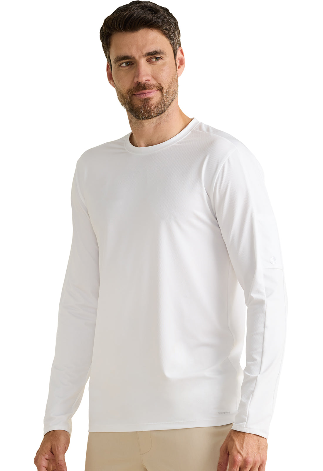 X DR KWANE HH810 Vaughn Men's Long Sleeve Crew Neck Tee White Model Image Right Side | Healing Hands