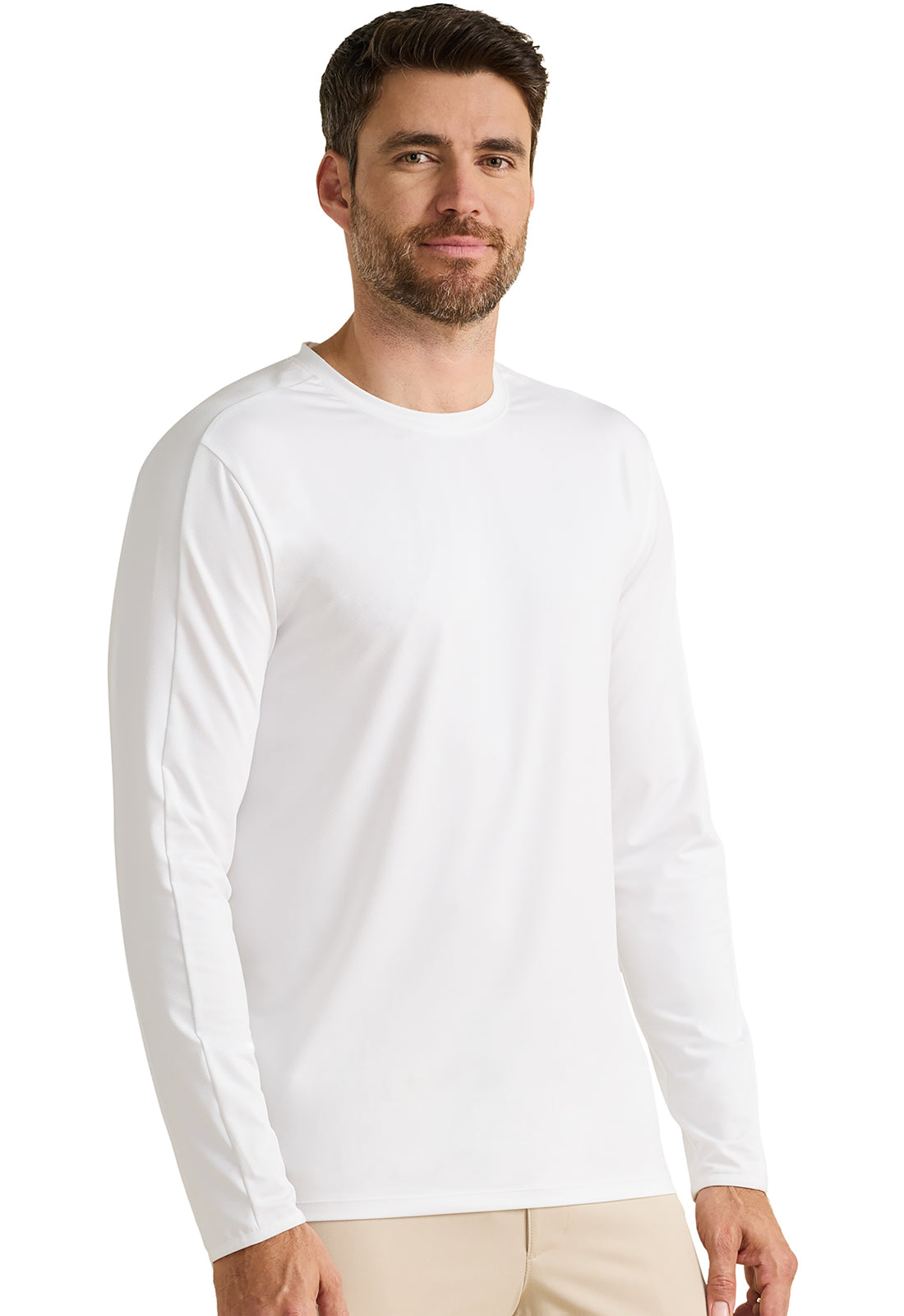 X DR KWANE HH810 Vaughn Men's Long Sleeve Crew Neck Tee White Model Image Left Side | Healing Hands