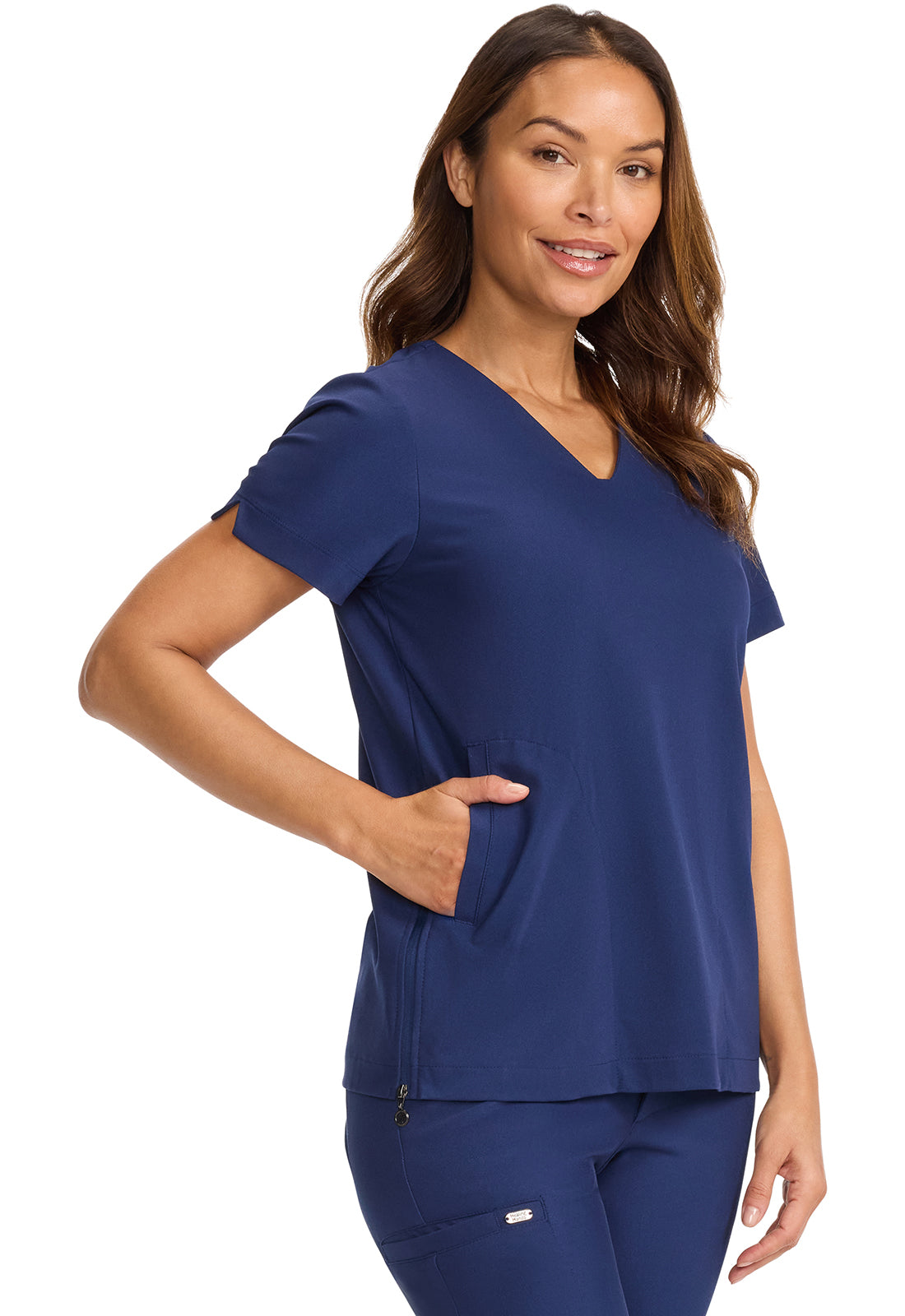 Limited Edition HH813 Women's Tunic V-Neck Top Navy Model Image Left Side | Healing Hands