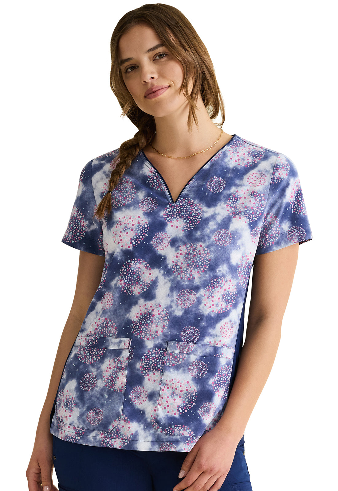 Purple Label HH905 Jean V-Neck Print Top Fantastical Dots Model Image Front | Healing Hands