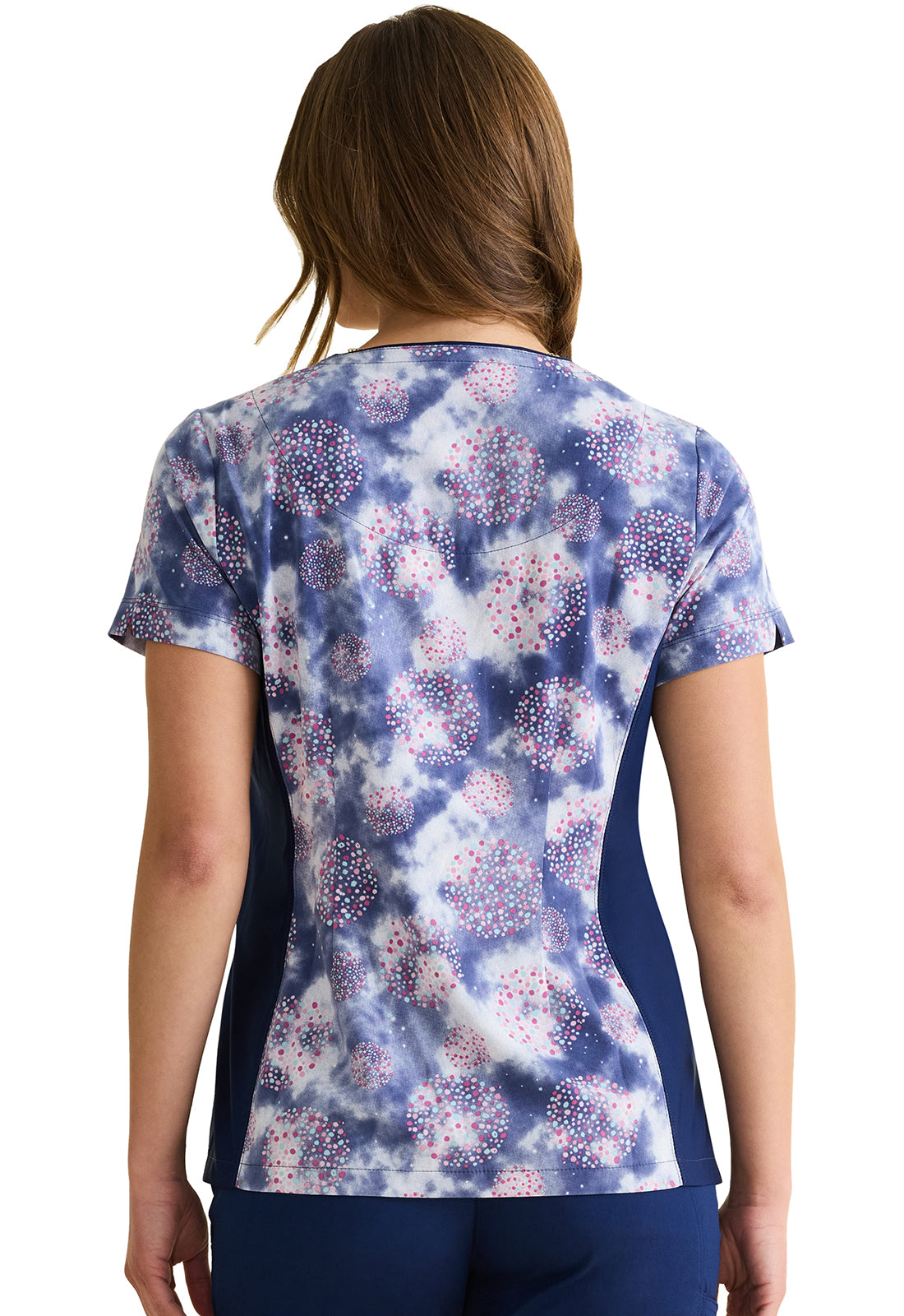 Purple Label HH905 Jean V-Neck Print Top Fantastical Dots Model Image Back | Healing Hands