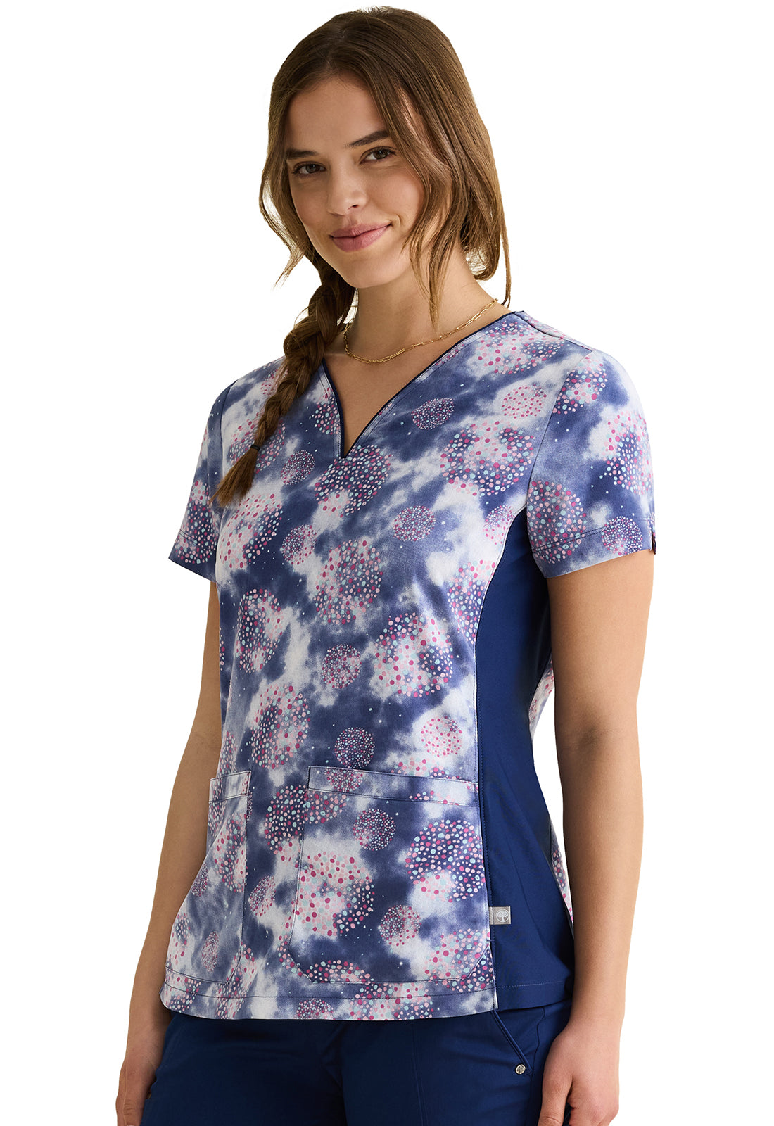 Purple Label HH905 Jean V-Neck Print Top Fantastical Dots Model Image Right Side | Healing Hands