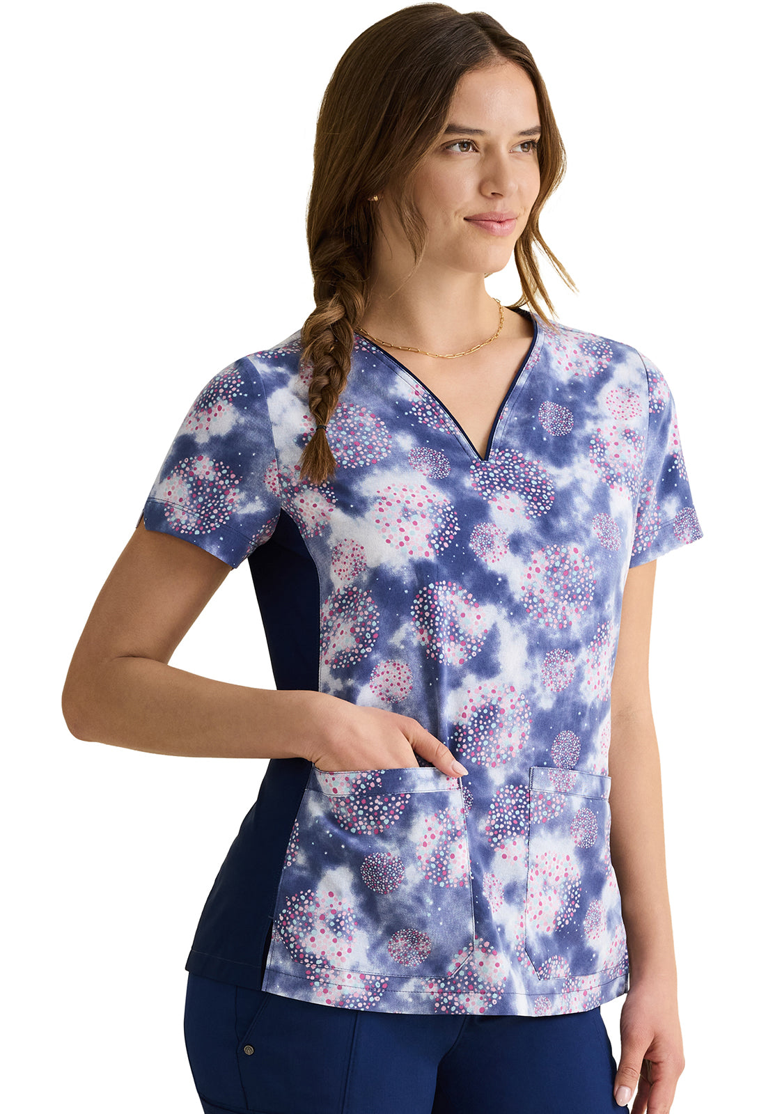 Purple Label HH905 Jean V-Neck Print Top Fantastical Dots Model Image Left Side | Healing Hands