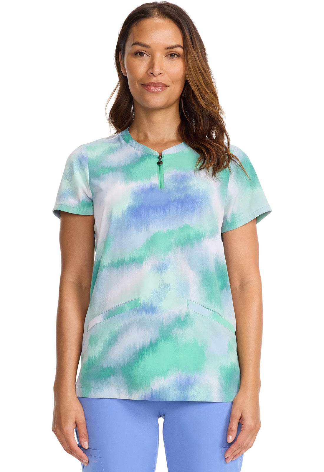 Works HH911 Ivy Top Blurred Ikat Model Image Front | Healing Hands