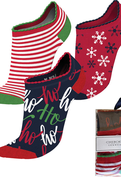 Cherokee Legwear HOLIDAYCHEER Women's 4-3 Pair packs of Ankle Socks Ho Ho Ho