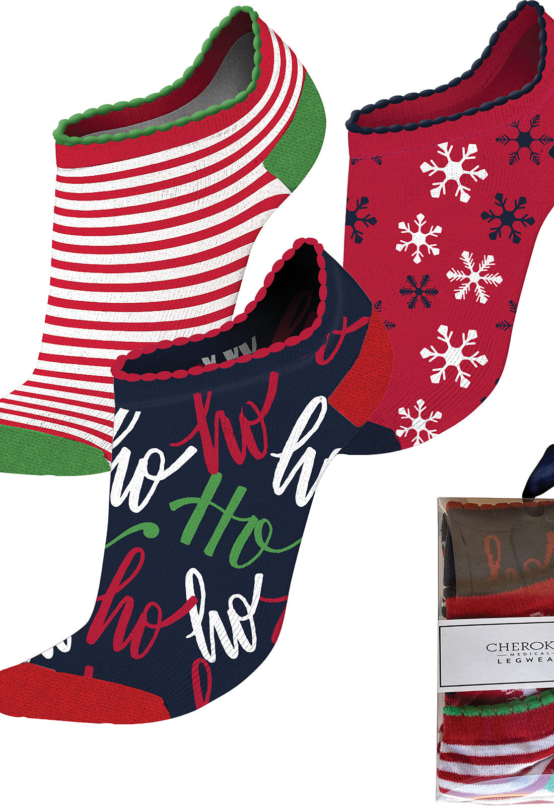 Cherokee Legwear HOLIDAYCHEER Women's 4-3 Pair packs of Ankle Socks Ho Ho Ho