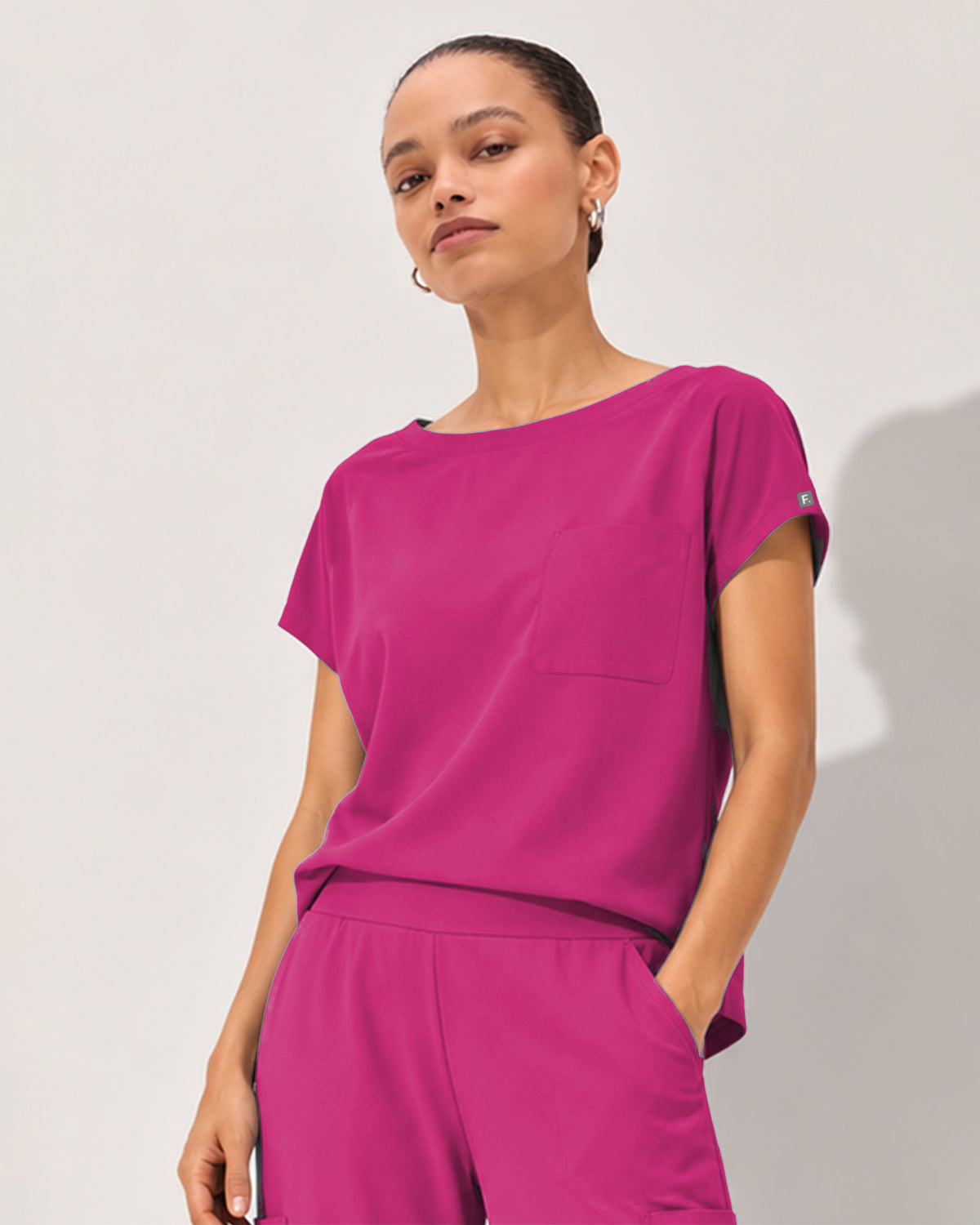 Foundry Women's 1215 Rowan 1 Pocket Boat Neck Dolman Top Hot Pink