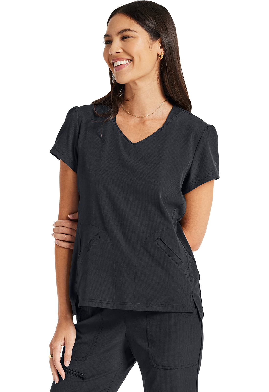 HeartSoul Break on Through HS647 V-Neck Top Pewter Model Image Right Side | Heartsoul