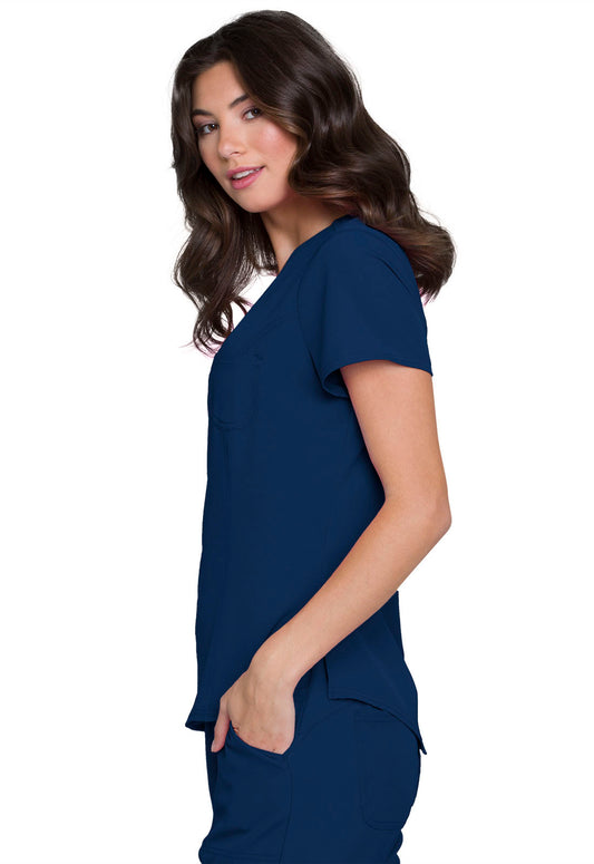 HeartSoul Break on Through HS710 Tuckable V-Neck Top Navy Model Image Right Side | Heartsoul