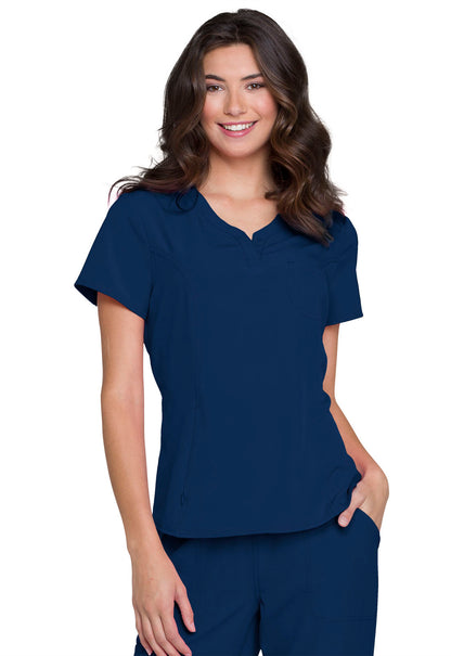 HeartSoul Break on Through HS710 Tuckable V-Neck Top Navy Model Image Left Side | Heartsoul