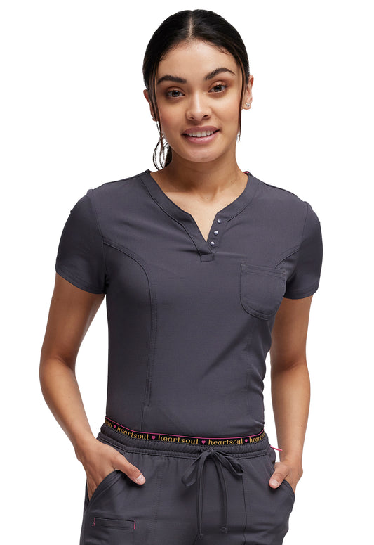 HeartSoul Break on Through HS710 Tuckable V-Neck Top Pewter Model Image Front | Heartsoul