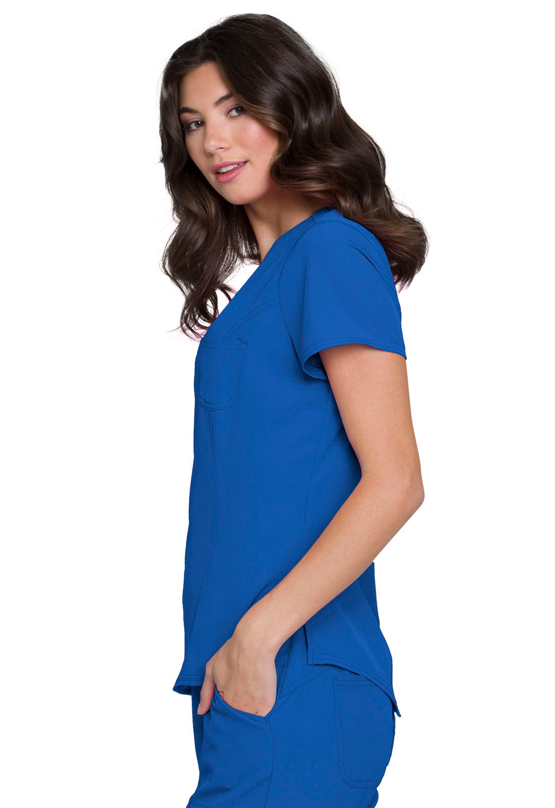 HeartSoul Break on Through HS710 Tuckable V-Neck Top Royal Model Image Right Side | Heartsoul