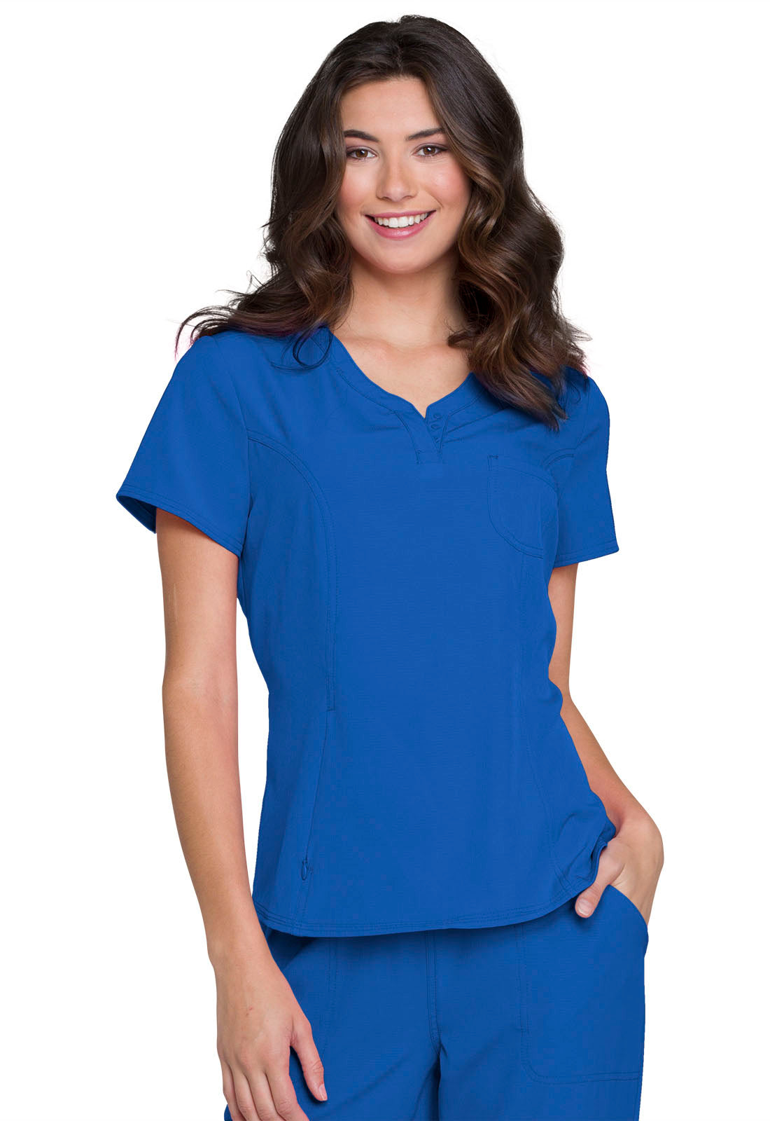 HeartSoul Break on Through HS710 Tuckable V-Neck Top Royal Model Image Left Side | Heartsoul