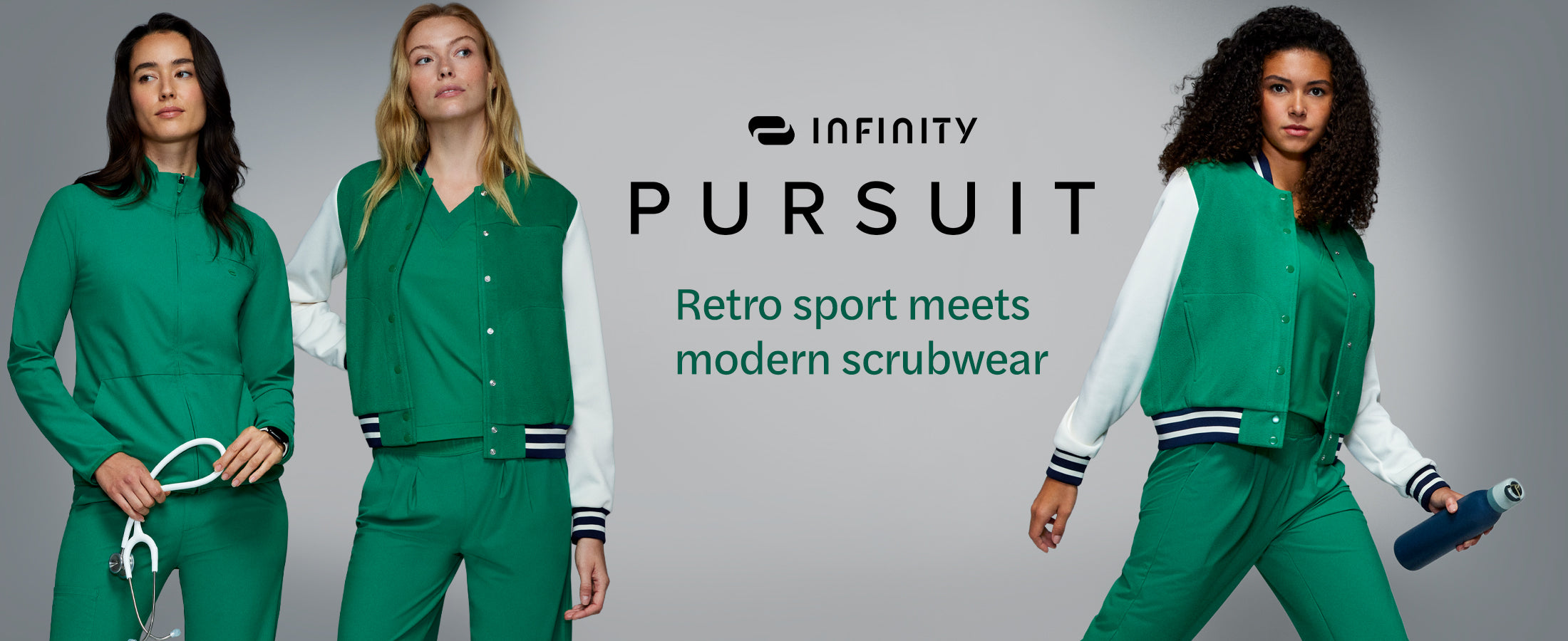 Shop Infinity Pursuit scrubs. Three models wearing green scrubs with 'Infinity Pursuit' branding on a gray background.