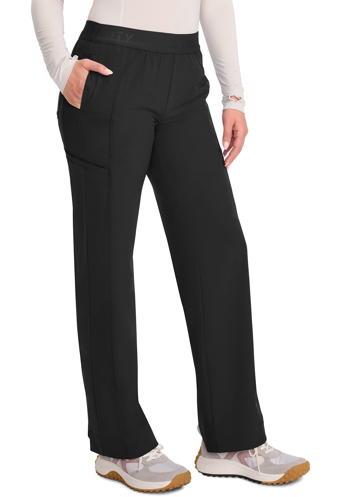 GNR8 IN011A Women's Mid-Rise Wide Leg Pants Black Model Image Left Side | Infinity