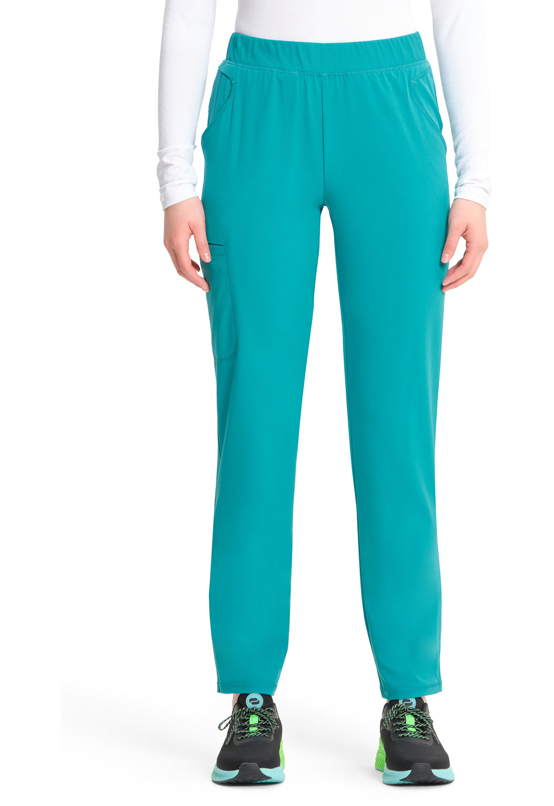 GNR8 IN120A Mid Rise Pull-on Tapered Leg Cargo Pants Teal Blue Model Image Front | Infinity