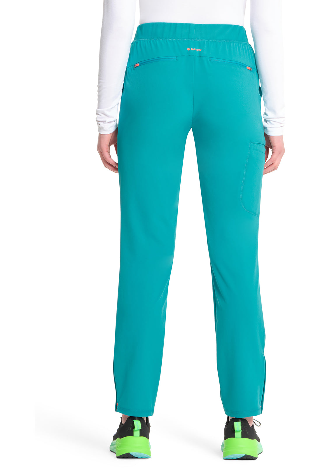 GNR8 IN120A Mid Rise Pull-on Tapered Leg Cargo Pants Teal Blue Model Image Back | Infinity