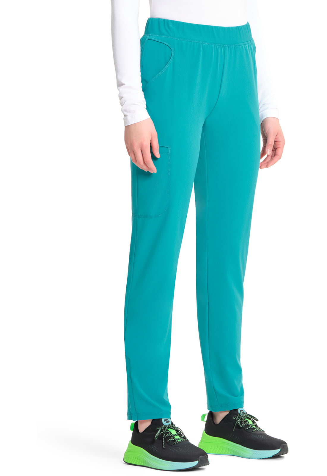 GNR8 IN120A Mid Rise Pull-on Tapered Leg Cargo Pants Teal Blue Model Image Left Side | Infinity