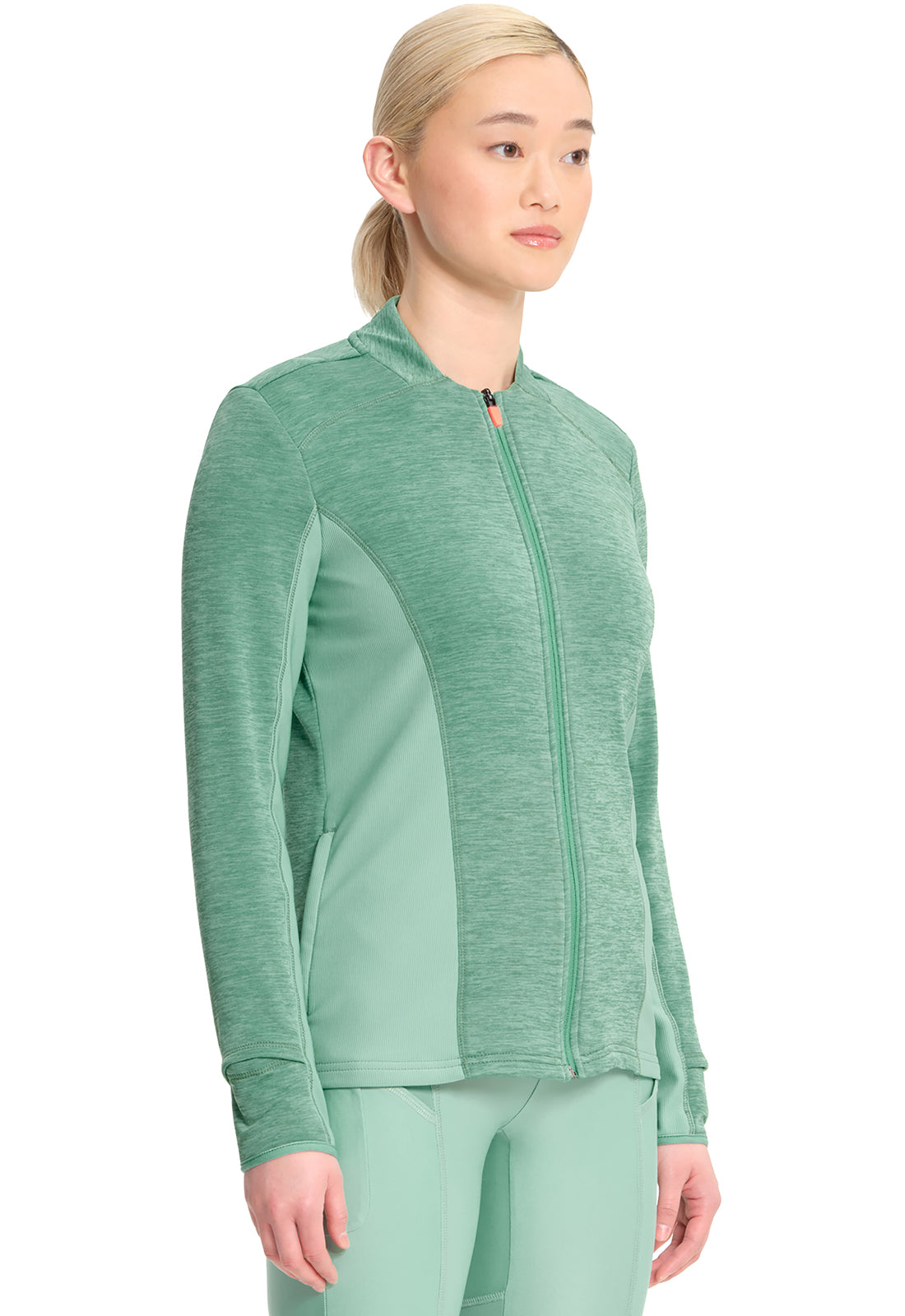 Lifestyle IN500A Athletic Zip Front Jacket Matcha Latte Model Image Left Side | Infinity