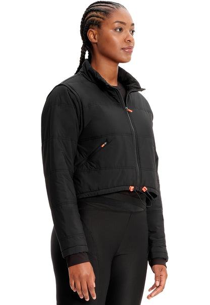 Lifestyle IN503 Zip Convertible Crop Quilted Jacket Black Model Image Left Side | Infinity