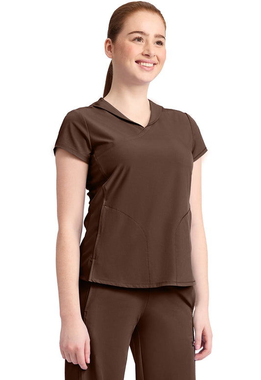 GNR8 IN635A Women's 2-Pocket Mock-Wrap V-Neck Top Espresso Express