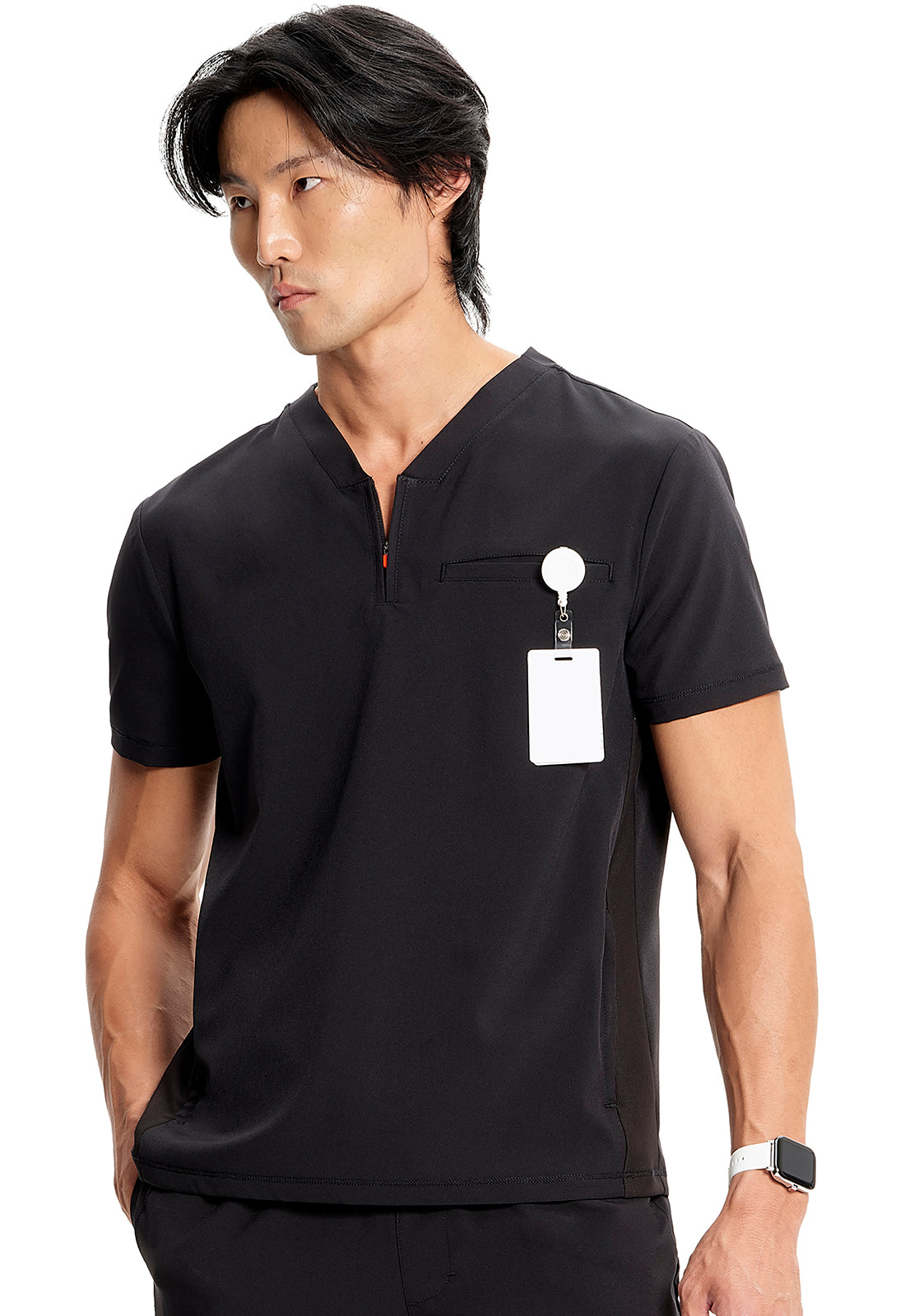 GNR8 IN702A Men's Partial Zip V-Neck Top Black Model Image Right Side | Infinity