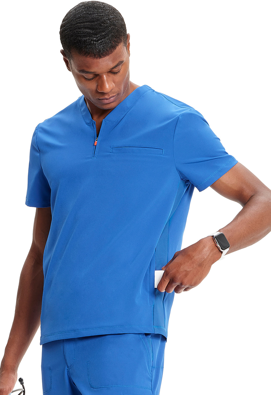 GNR8 IN702A Men's Partial Zip V-Neck Top Royal Model Image Right Side | Infinity