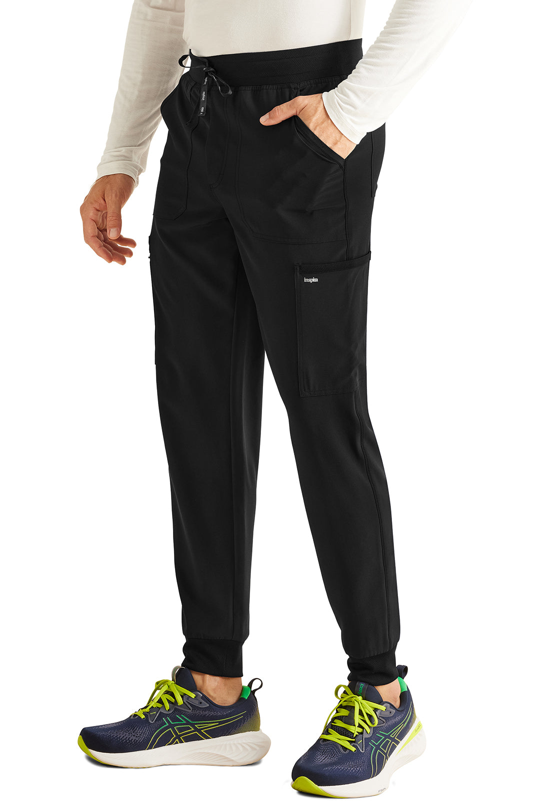 Inspira Flex IP066A Men's Mid Rise Jogger Black Model Image Right Side | Inspira