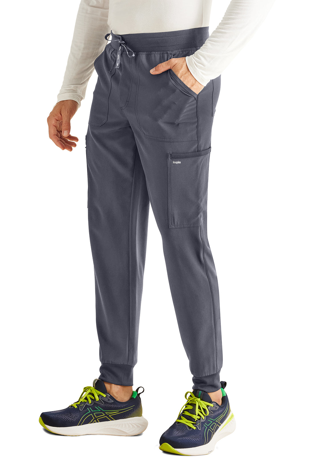 Inspira Flex IP066A Men's Mid Rise Jogger Pewter Model Image Right Side | Inspira