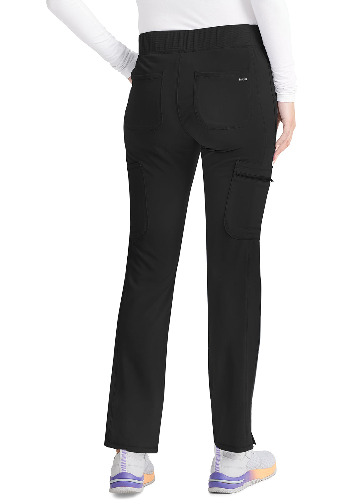 Inspira Flex IP121A Mid Rise Pull-On Straight Leg Cargo Pants Black Model Image Back | Inspira