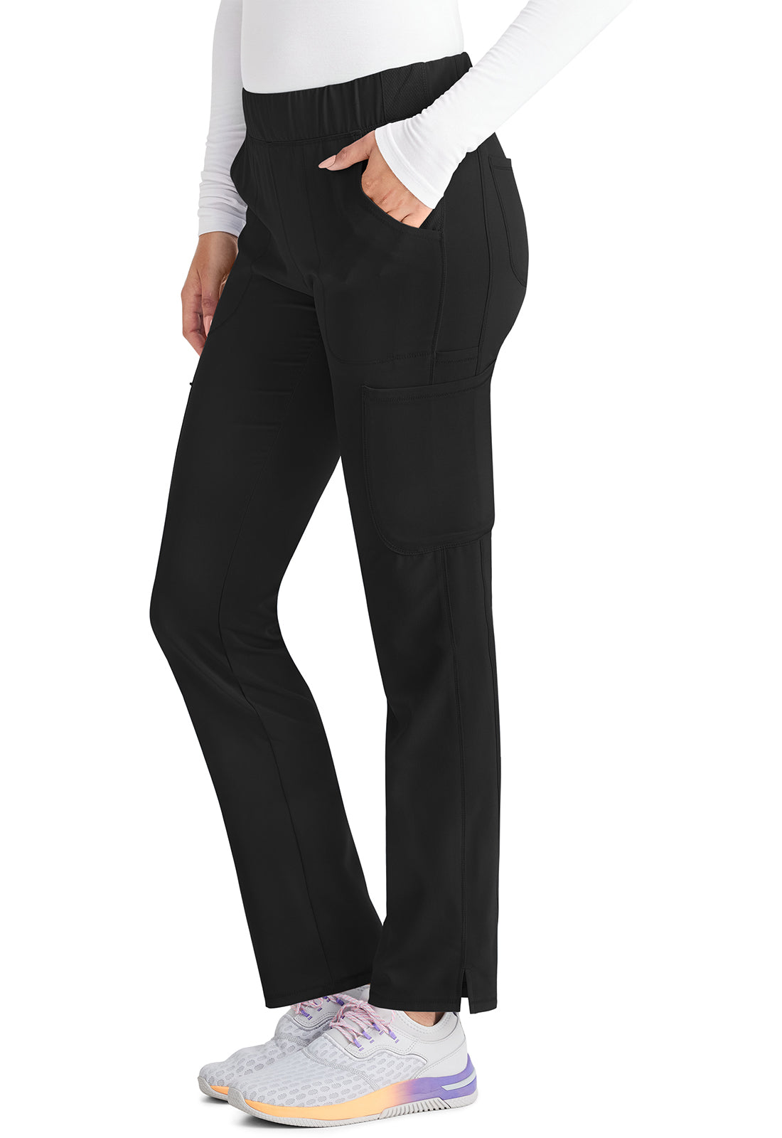 Inspira Flex IP121A Mid Rise Pull-On Straight Leg Cargo Pants Black Model Image Right Side | Inspira