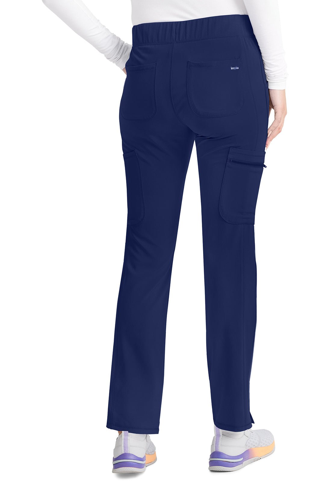 Inspira Flex IP121A Mid Rise Pull-On Straight Leg Cargo Pants Navy Model Image Back | Inspira