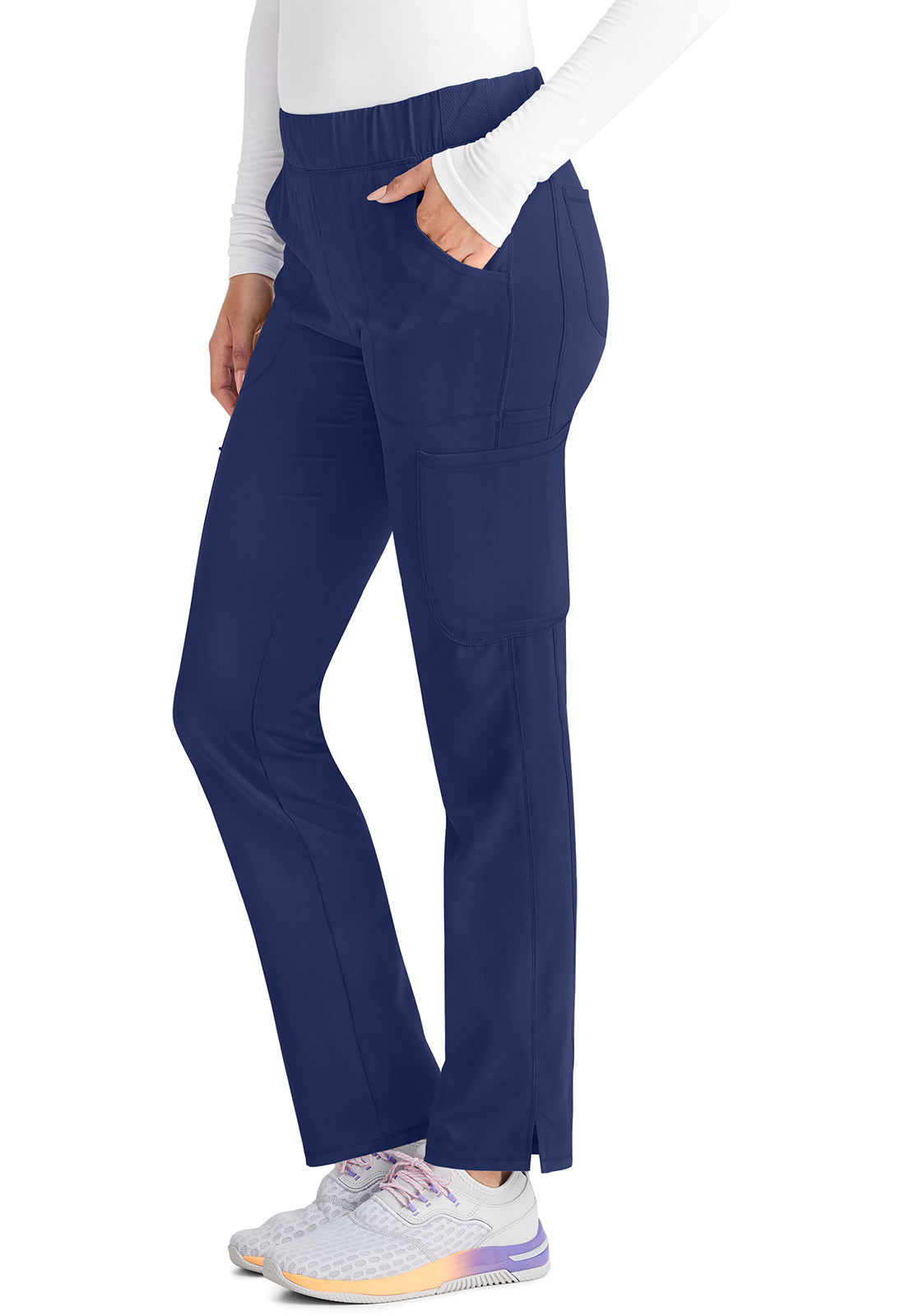 Inspira Flex IP121A Mid Rise Pull-On Straight Leg Cargo Pants Navy Model Image Right Side | Inspira