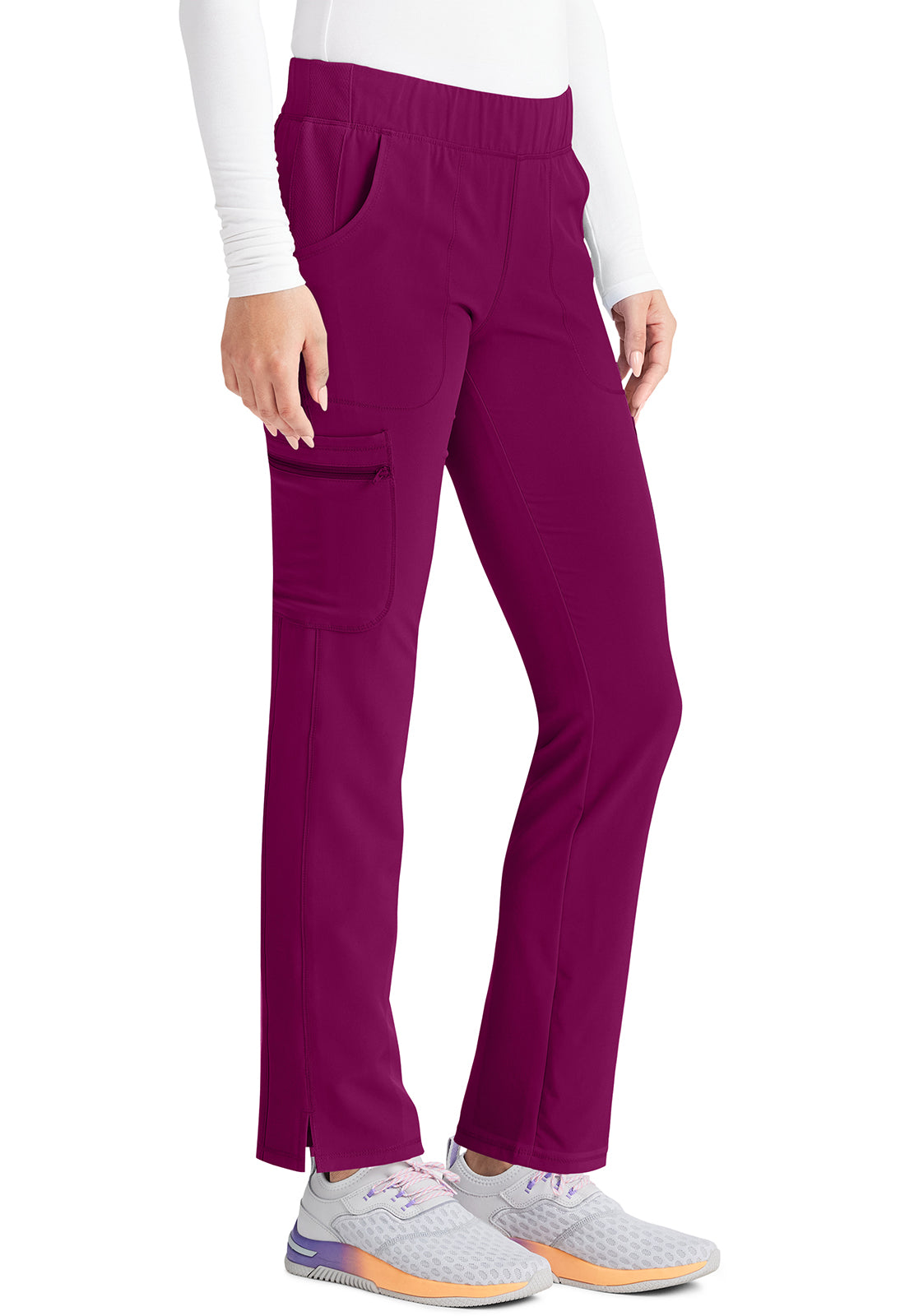 Inspira Flex IP121A Mid Rise Pull-On Straight Leg Cargo Pants Wine Model Image Left Side | Inspira