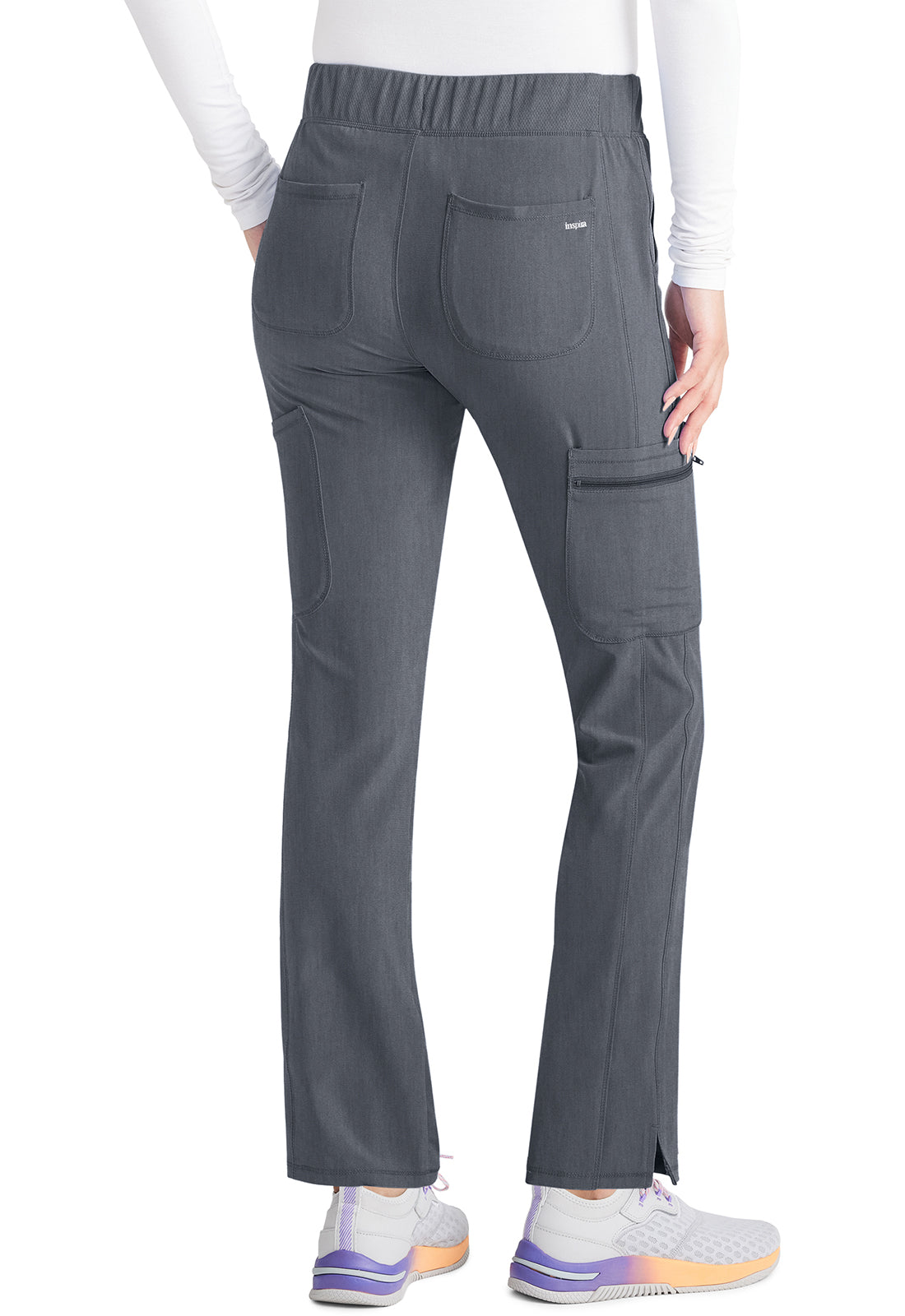 Inspira Flex IP121A Mid Rise Pull-On Straight Leg Cargo Pants Heather Pewter Model Image Back | Inspira