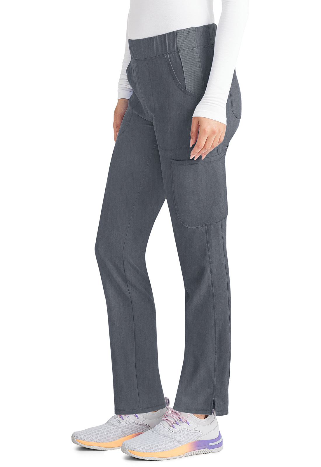 Inspira Flex IP121A Mid Rise Pull-On Straight Leg Cargo Pants Heather Pewter Model Image Right Side | Inspira