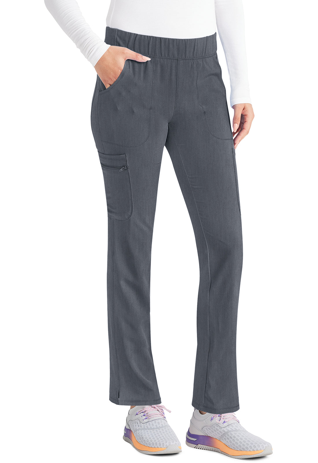 Inspira Flex IP121A Mid Rise Pull-On Straight Leg Cargo Pants Heather Pewter Model Image Left Side | Inspira