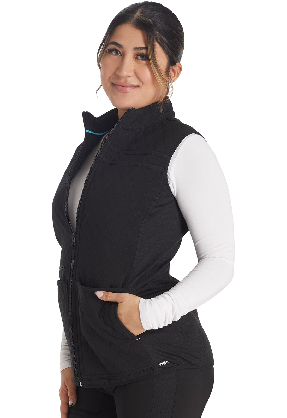 Inspira Flex IP306A Zip Front Quilted Vest Black Model Image Right Side | Inspira