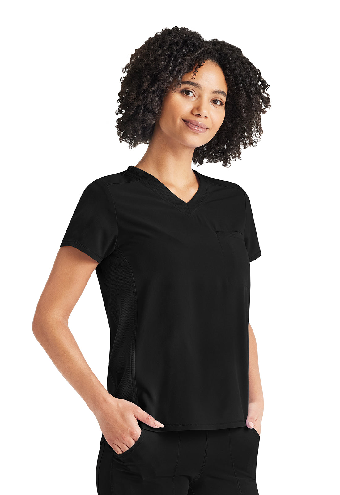 Inspira Flex IP600A V-Neck Tuckable Top Black Model Image Left Side | Inspira