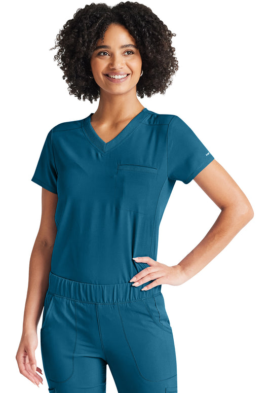 Inspira Flex IP600A V-Neck Tuckable Top Caribbean Blue Model Image Front | Inspira