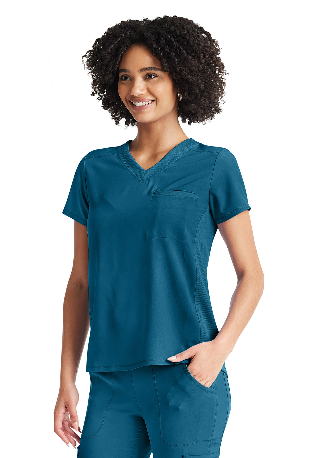 Inspira Flex IP600A V-Neck Tuckable Top Caribbean Blue Model Image Right Side | Inspira