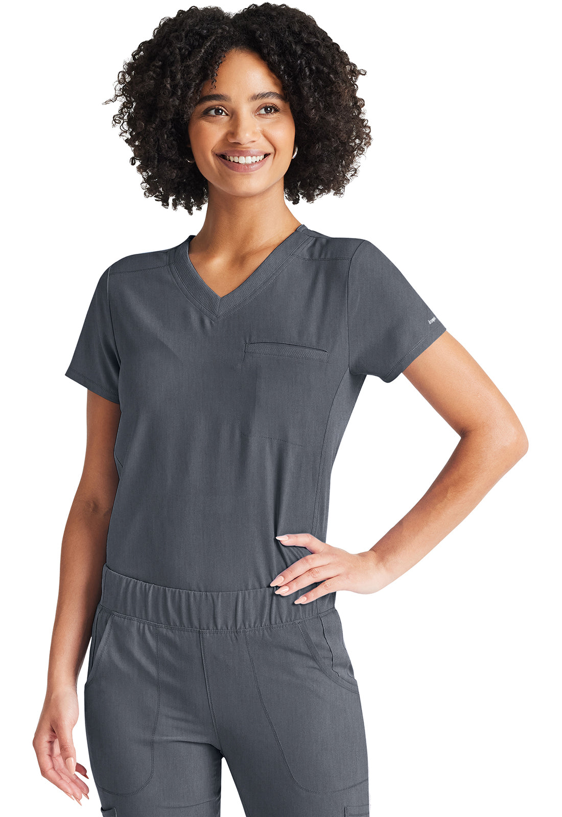 Inspira Flex IP600A V-Neck Tuckable Top Heather Pewter Model Image Front | Inspira