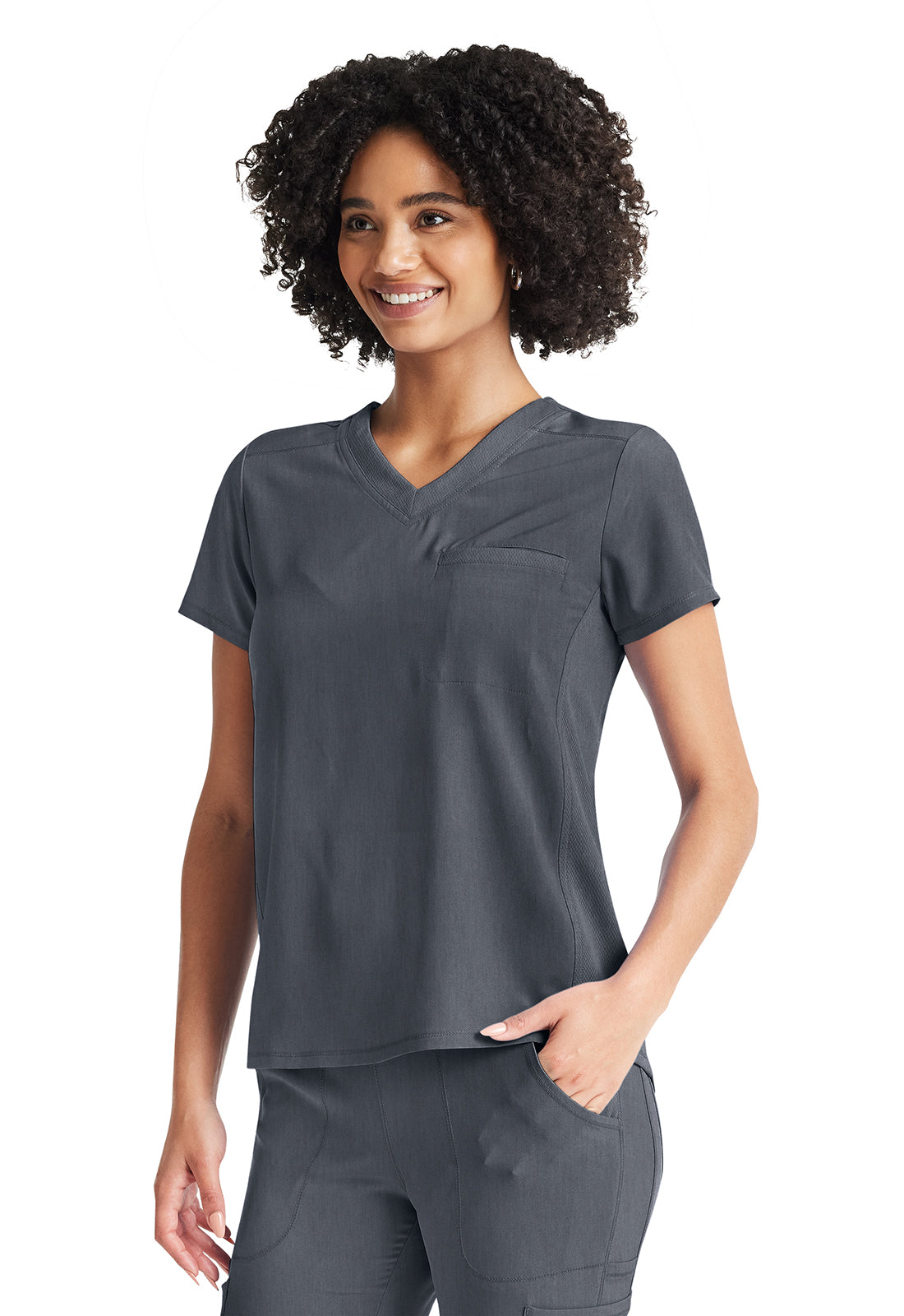 Inspira Flex IP600A V-Neck Tuckable Top Heather Pewter Model Image Right Side | Inspira