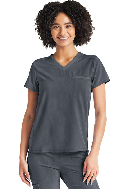 Inspira Flex IP600A V-Neck Tuckable Top Heather Pewter Model Image Left Side | Inspira