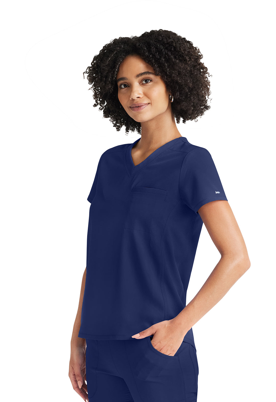 Inspira Flex IP600A V-Neck Tuckable Top Navy Model Image Right Side | Inspira