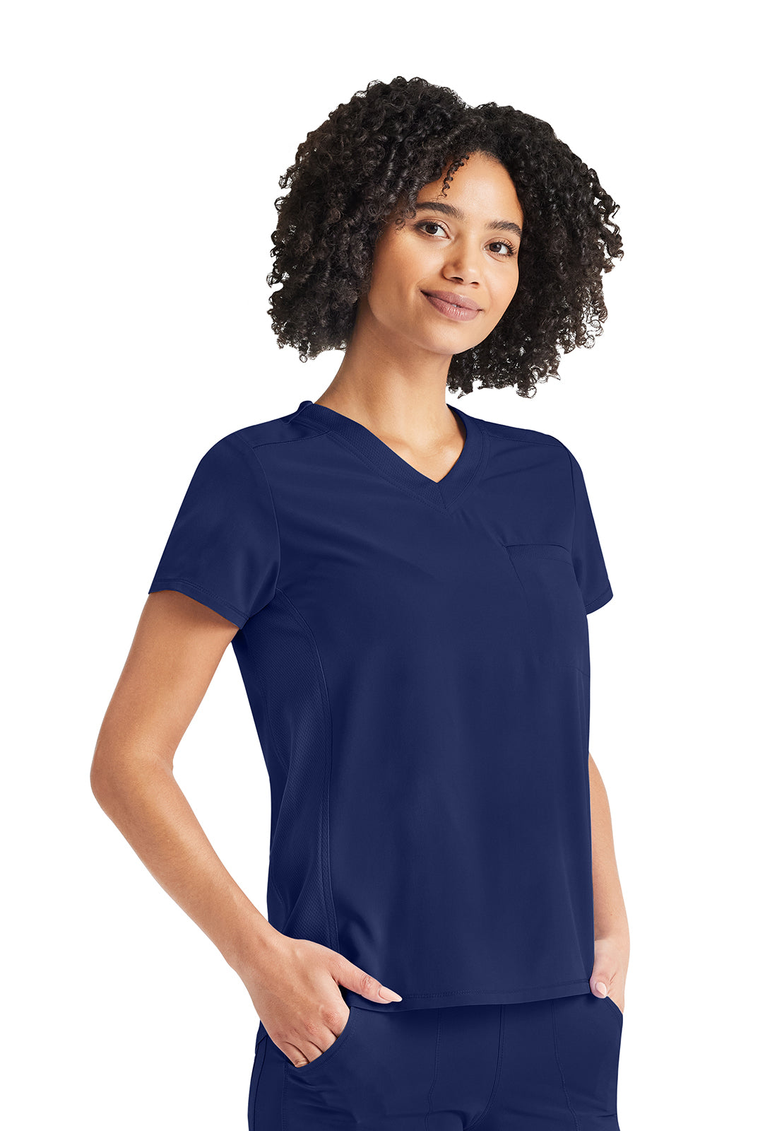 Inspira Flex IP600A V-Neck Tuckable Top Navy Model Image Left Side | Inspira